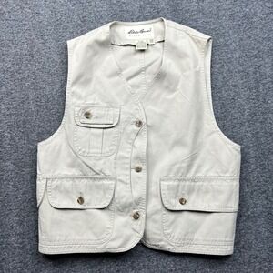 Eddie Bauer Vest Womens Small Petite Beige Utility Cotton Canvas Cargo Pockets